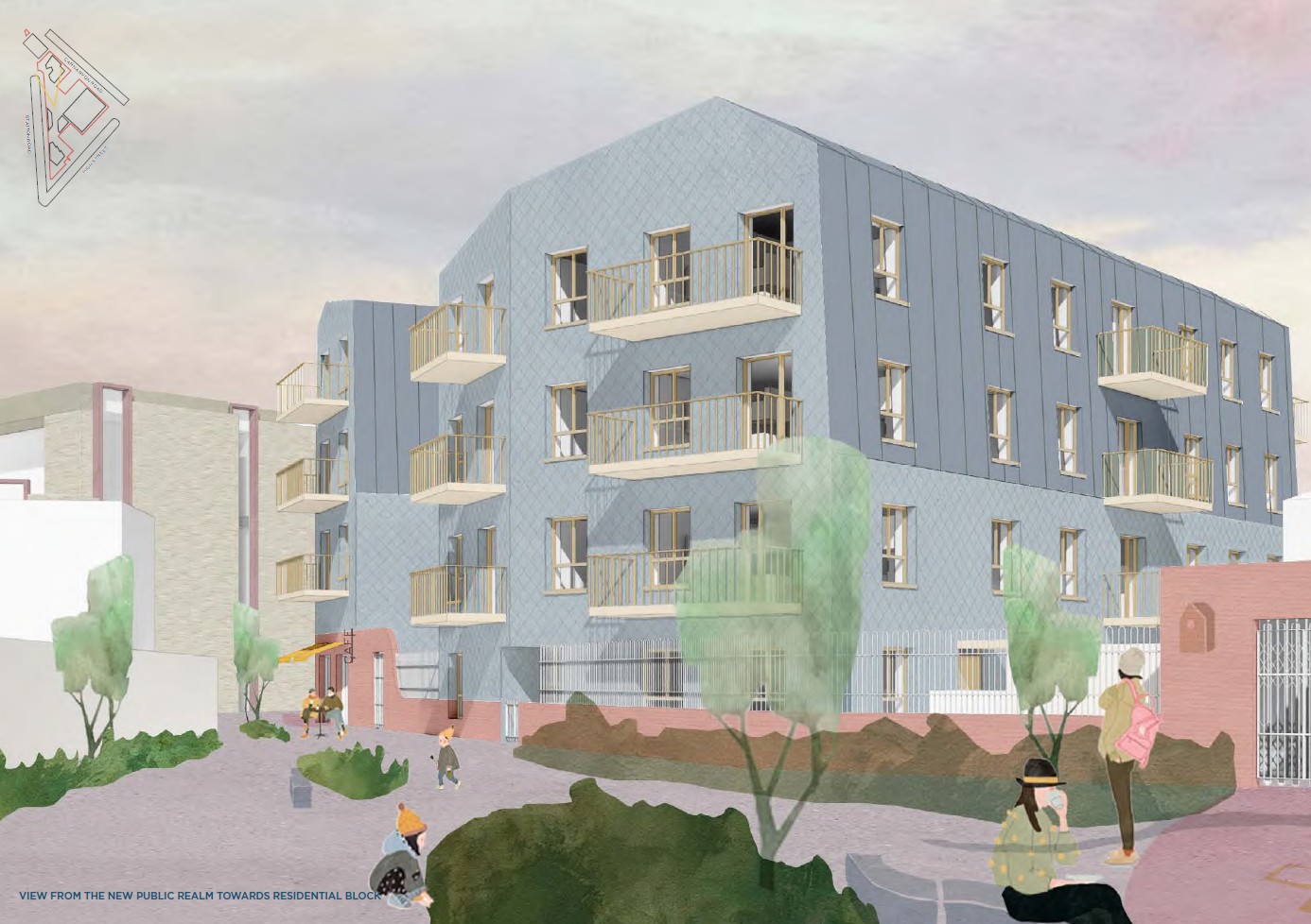 View from public realm towards residential block