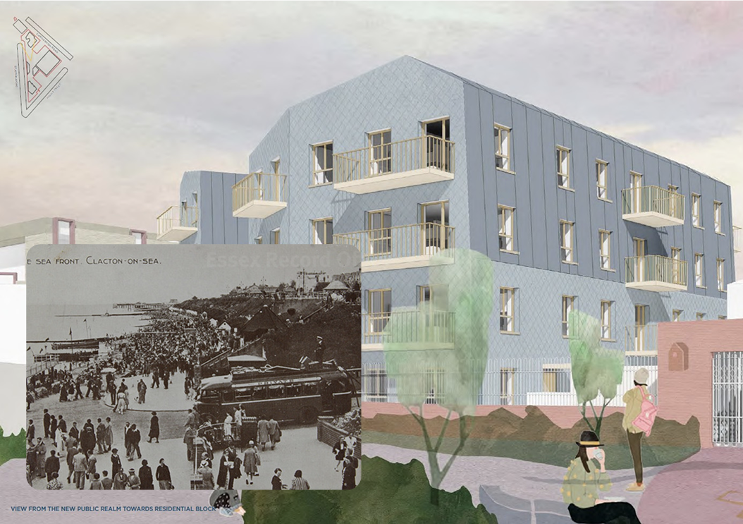 collage of concept art for building design and heritage image of clacton beach